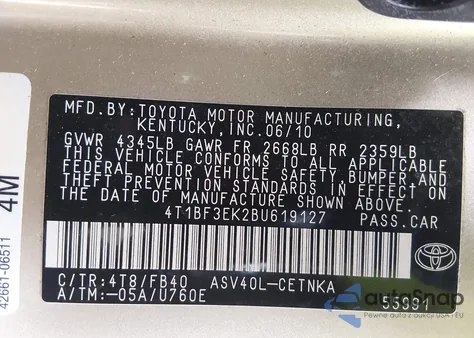 2011 Toyota Camry Le z USA, uszkodzony, nr VIN 4T1BF3EK2BU619127